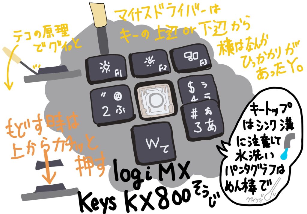 ロジクール キーボード MX Keys KX800 に ヤクルトこぼしたので キートップが外れるか試して綿棒でお掃除