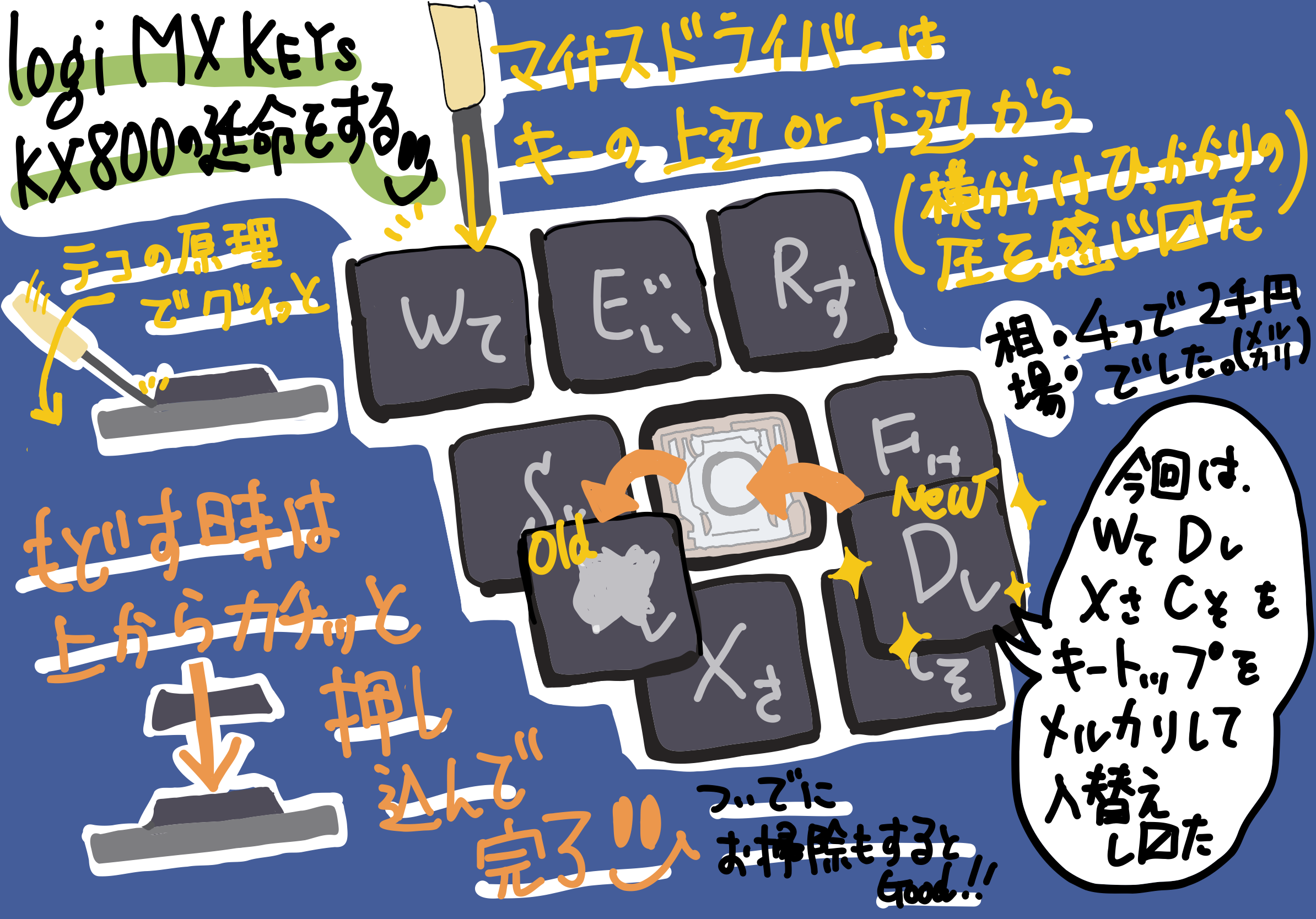 ロジクール キーボード MX Keys KX800 のキートップを入れ替える （M720r のbolt対応した後継機がでないので延命処置）