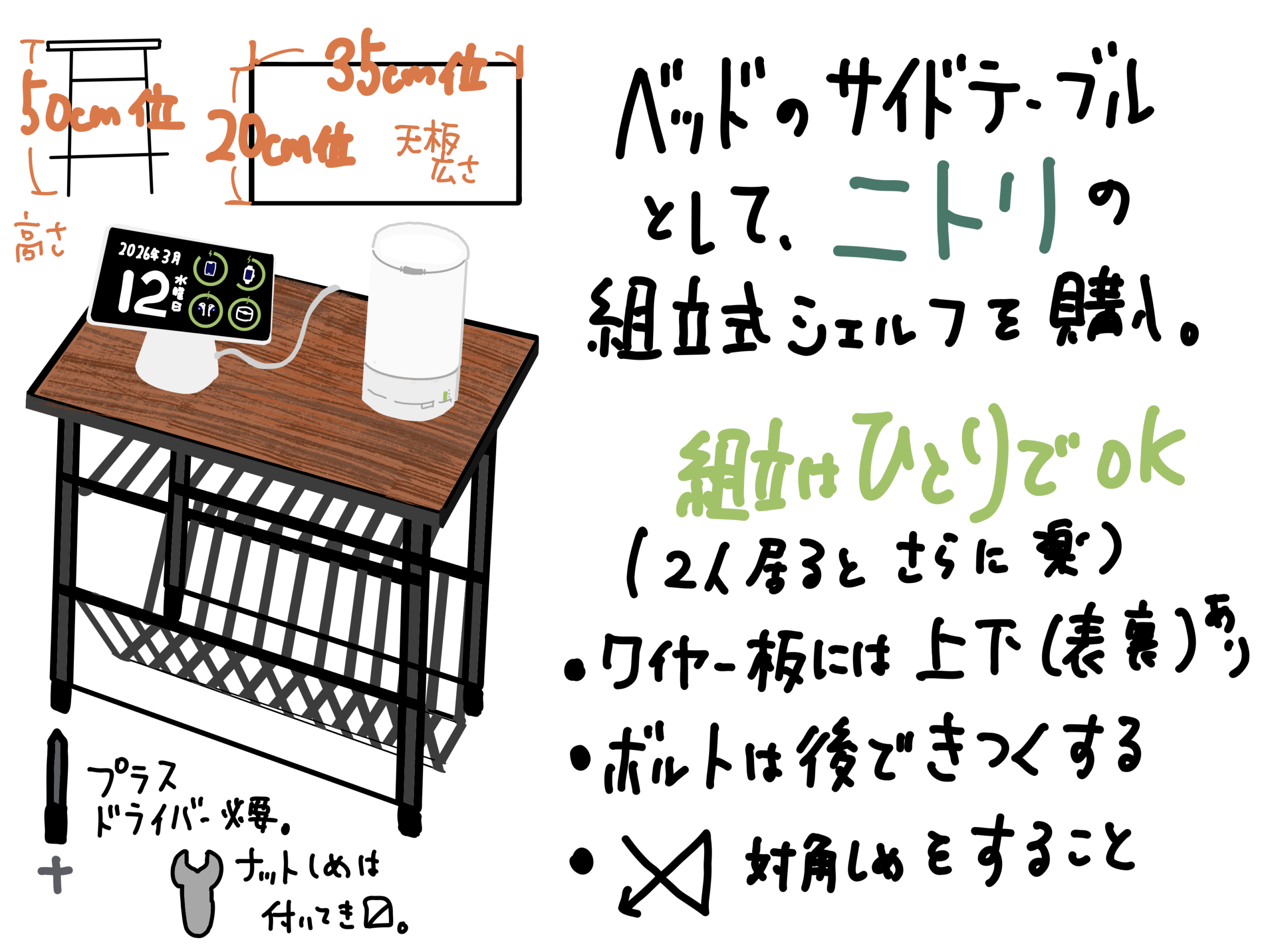 ニトリ ベットサイドに組み立て式シェルフをサイドテーブルとして